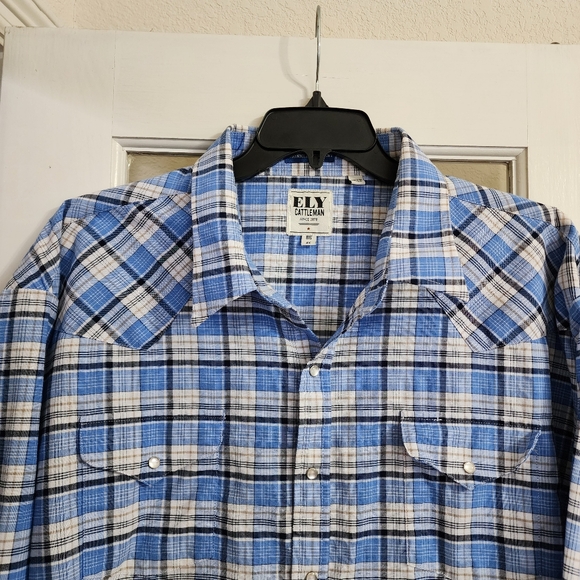 Ely Cattleman Blue Plaid Western Pearl Snap Wrinkle Resistant Shirt Men’s Big 4X - Picture 5 of 13